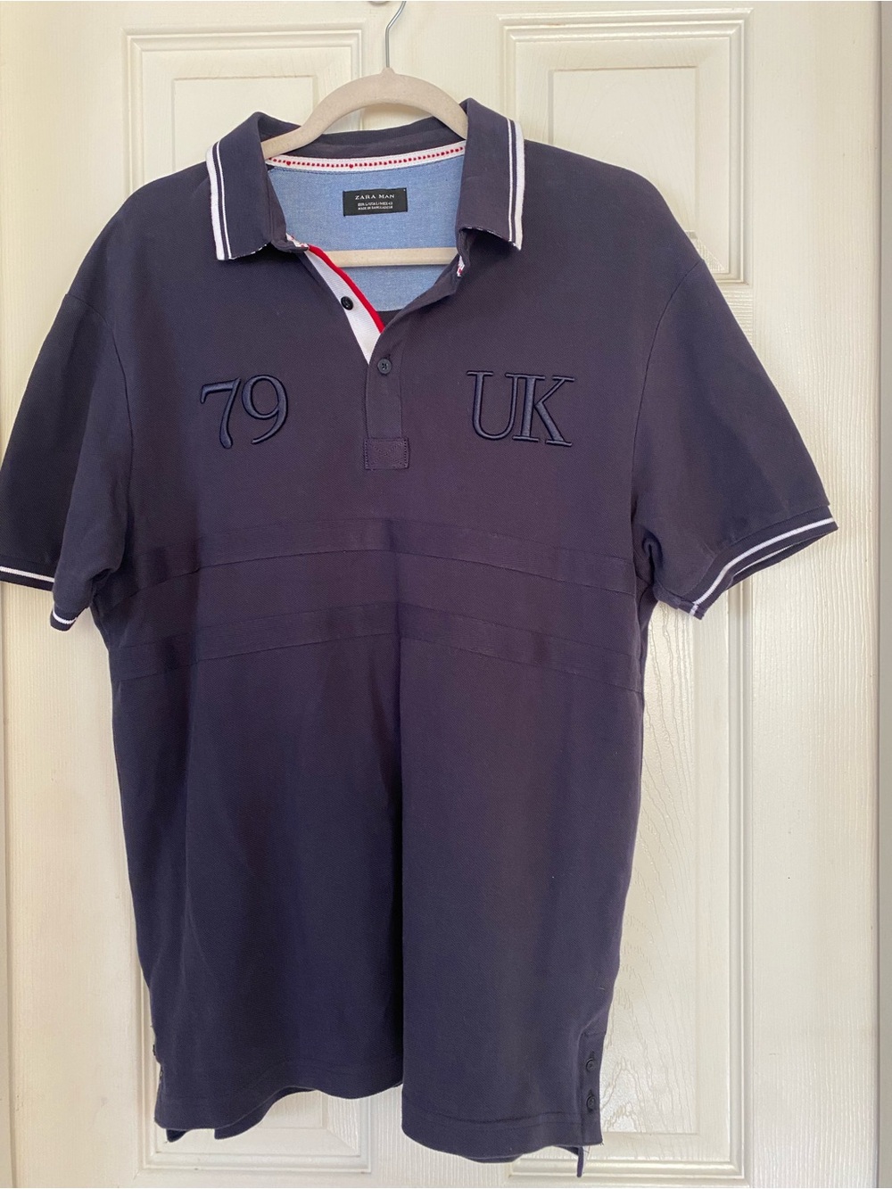 Zara Navy Polo with '79 UK' Embroidery and Contrast Trim